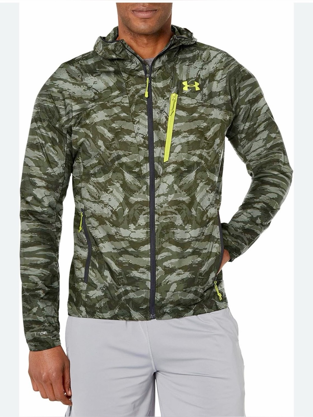UNDER ARMOUR STORM UA MISSION GREEN CAMO ZIP FRONT HOODED WIND BRAKER XXL